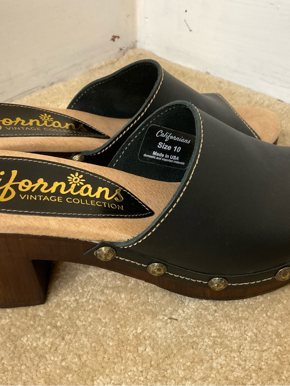 Vintage Californians Collection Black Leather wood Clog Heels - Size 10